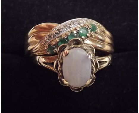 A 9 carat gold ring set green and white stones and a 9 carat gold opal ring 