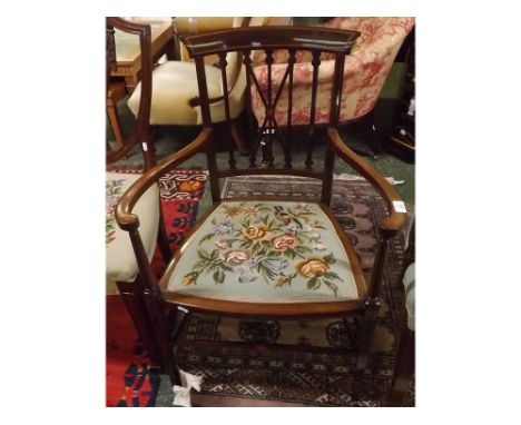 Edwardian mahogany and inlaid carver chair, with tapestry seat  
