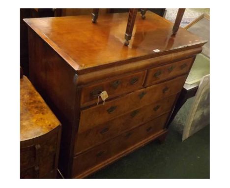 18th century walnut veneered chest of drawers, the body with single cushion drawer over two short and three long drawers rais