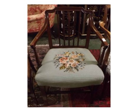 Georgian slat back mahogany framed carver chair, with floral tapestry seat  