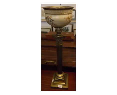 19th century brass oil lamp stand, with ceramic top section and Corinthian style column, 25 1/2" high 