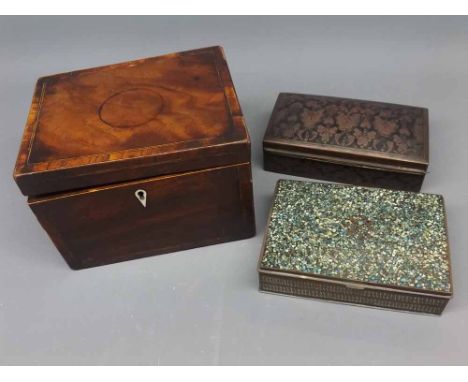 Mixed Lot:  19th century mahogany veneered tea caddy and two further small metal boxes (3) 