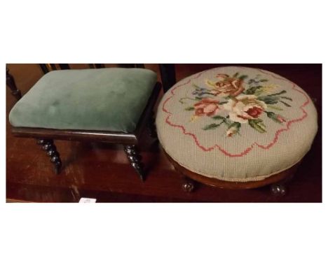19th century circular footstool, with floral tapestry cover, together with a further rectangular footstool with barley twist 
