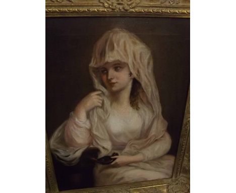 LATE 19TH CENTURY ENGLISH SCHOOL, oil on canvas, 3/4 length portrait of a lady holding a lamp, 15" x 11"   