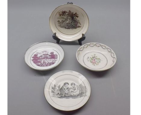 Mixed Lot: four 19th century English porcelain saucers, decorated with various scenes, largest approx 6" wide (4) 