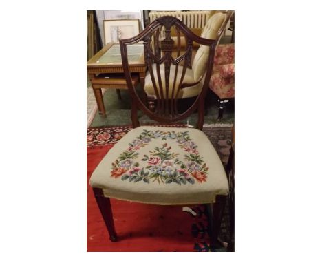 Reproduction Hepplewhite style mahogany framed dining chair, with shield back and tapestry seat  