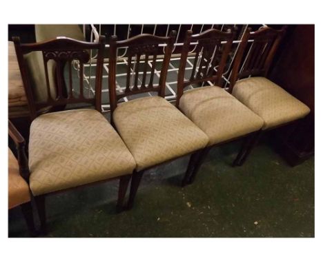 Set of four late Victorian dining chairs, with architectural backs and beige upholstered seats