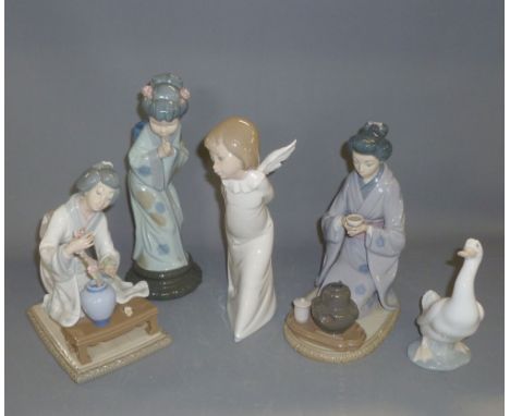 Mixed Lot:  four various Lladro figures to include geisha girls, angel and a further Nao duck figures, largest 9 1/2" high (5