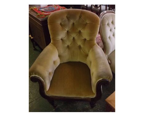Victorian button upholstered armchair, with scrolled detail and fluted legs with castors 