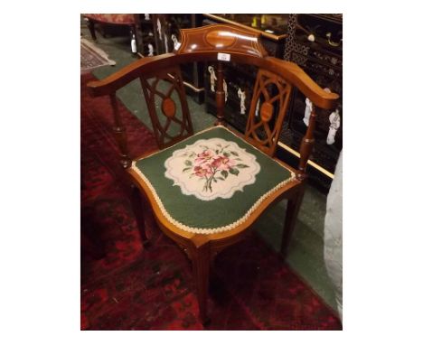 Small Edwardian mahogany and inlaid corner chair, with floral tapestry seat  