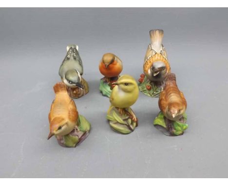Group of Royal Worcester birds: wren, nuthatch, wood warbler and others (6) 