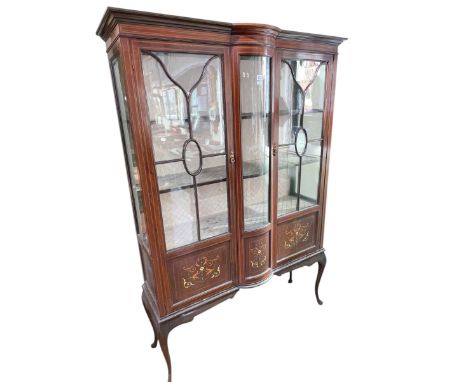 Edwardian mahogany, chequer inlaid and painted two door vitrine on cabriole legs, 177cm by 122cm by 40cm.