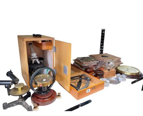 W & J George & Becker Ltd sextant in case, biological microscope in case, W G Pye & Co barometer, recorders, singles, etc.