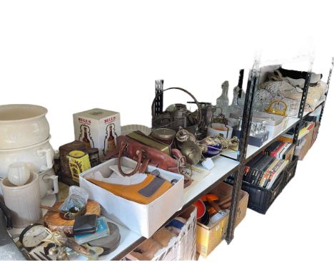 Cased violin, oars, vintage tools, animal rug, metalwares, glass, leather bag, etc.