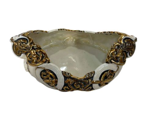 Belleek black mark Celtic boat bowl, 26cm long.