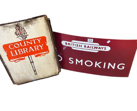 Two enamel signs 'British Railway No Smoking' and 'County Library'.