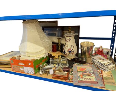Mason's lamp, postcards, PHG cards, prints, Royal Doulton Sweet and Twenty figurine, etc.
