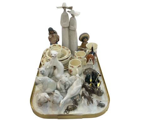 Three Lladro bears, Nao geese, USSR weasel, three Lladro figures, Royal Doulton Bunnykins, Beswick beagle, etc.