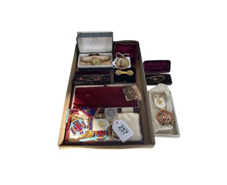 Masonic and other medals, wristwatch, brooches, stick pins, etc.