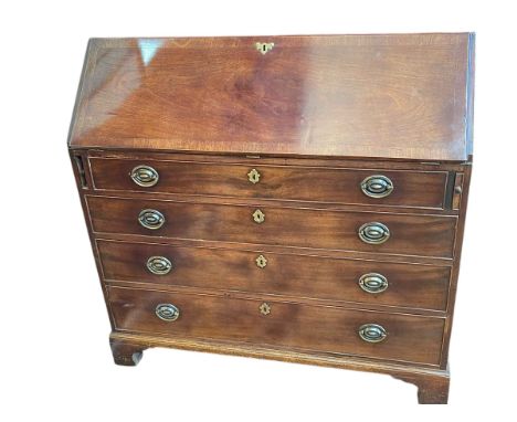 Georgian mahogany four drawer bureau on bracket feet, 105cm by 107cm by 49cm.