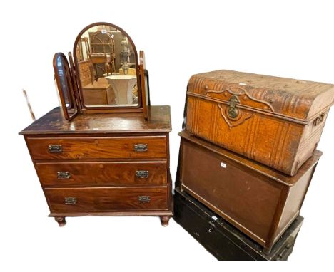 Victorian chest of three long drawers, oak barley twist double bedstead, pine trunk, blanket box, tin trunk and triple dressi