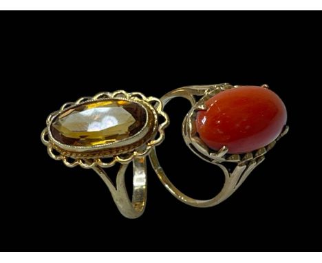 9 carat yellow gold and coral ring and 9 carat yellow gold and citrine ring, both size N.