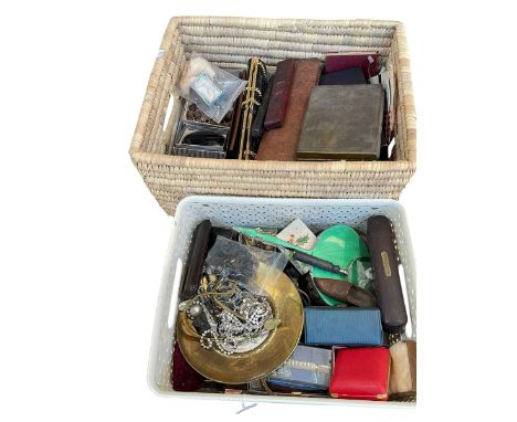 Two postcard albums of trains, scrapbook, two boxes of costume jewellery and collectables.