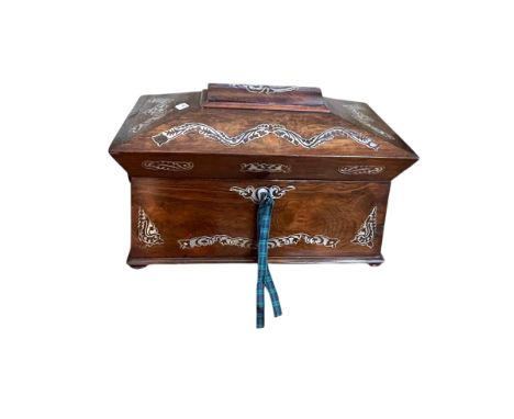 Georgian rosewood and mother of pearl inlaid tea caddy with internal mixing bowl, 21cm high.