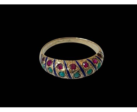 Turquoise, ruby and blue enamel gold ring, tested for 14 carat, size P.