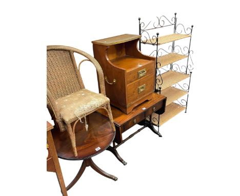 Yew four drawer work table, tripod wine table, pair stools, child's bedroom chair, circular pedestal occasional table, Bevan 