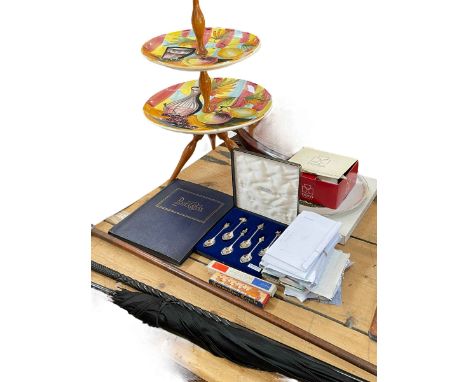 Postcard album, Coronation spoons, commemoratives, cake stand, walking canes, parasol, etc.