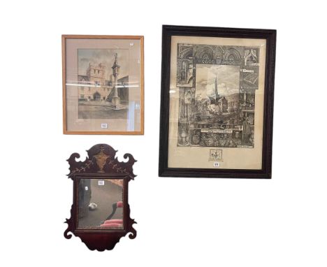 G A Fothergill, St Cuthberts Church, Darlington, framed print of an etching, Maudlin College, Oxford, watercolour, Georgian f
