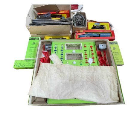 Three Hornby Triang loco's, Marshal II control unit, track, Subbuteo game and two teams, etc.