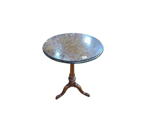 Victorian mahogany fold top tea table on pedestal quadriform base and Victorian circular tripod occasional table.