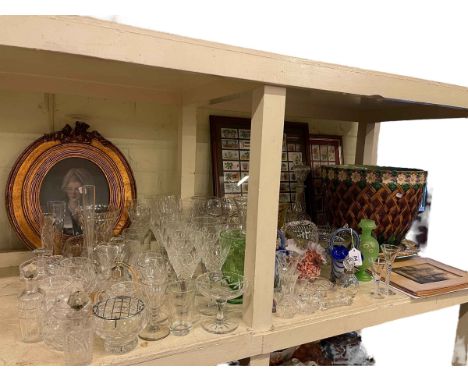 Collection of glass including twist stem, signed etchings, decorative planter, cigarette cards, etc.