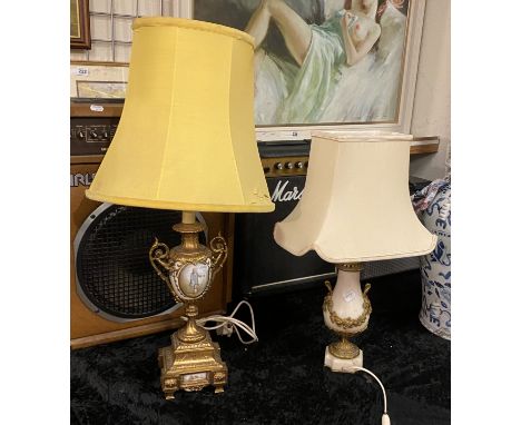 FRENCH HAND PAINTED PORCELAIN LAMP STAND &amp; WHITE MARBLE WITH ORMOLU DETAIL