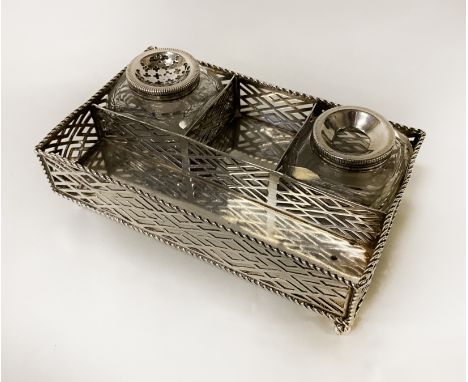 HM SILVER FRETWORK INKWELL - INSCRIBED UNDERNEATH ON THE REQUEST OF MRS ANN LEE