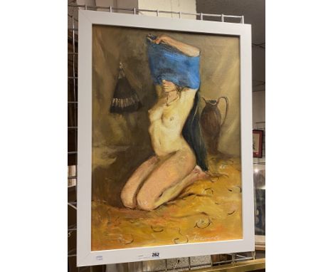 ANATOLIY DEMENKO (XX1 CENTURY) MODEL WITH BLUE SCARF - OIL ON CANVAS 67CM  X 48CM