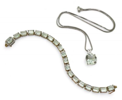 A pendant and bracelet. The 9ct yellow gold bracelet is set with step cut green amethyst of approx 7.9mm x 5.9mm, the clasp f