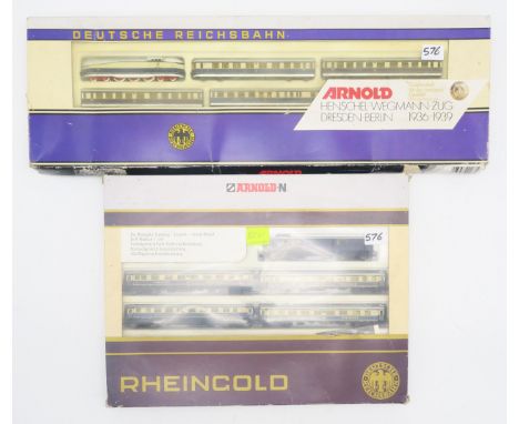 Boxed Arnold N-gauge model railway 0143 Rheingold and 0166 Henschel-Wegmann-Zug Dresden-Berlin 1936-1939 sets (2) Condition R