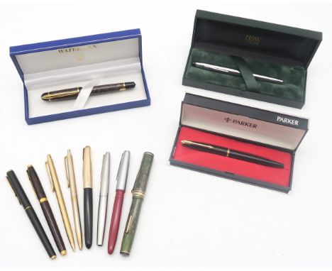 A collection of pens, of mixed age, including a green marbled Ever-Sharp fountain example, Parker '95 and 100 model fountain 