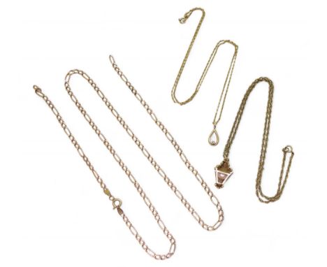 A 9kt rose gold Figaro chain (af), weight 4.2gms, together with a 9ct gold chain and 9ct gold and pearl lantern pendant, weig