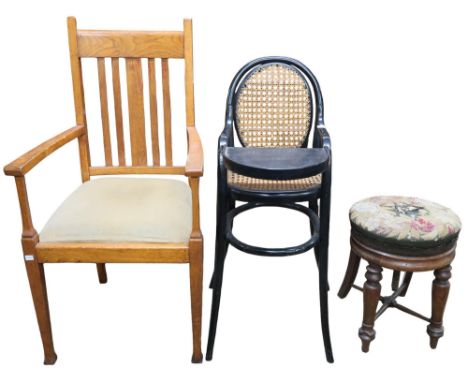 A lot comprising a late Victorian oak framed Arts &amp; Crafts style armchair with upholstered drop in seat on square taperin
