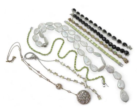 A Peridot riviera necklace mounted in Silver,&nbsp;together with a string of flat pearls, an Opal bracelet, a green CZ neckla