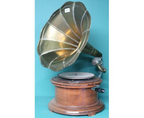 A HMV style hand wound gramophone turntable with brass conical speaker Condition Report:Available upon request