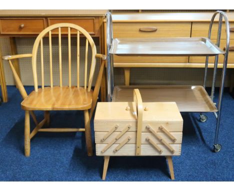 A lot comprising a mid 20th century Ercol elm and beech F182 rail back armchair, 69cm high x 60cm wide x 50cm deep, a beech c