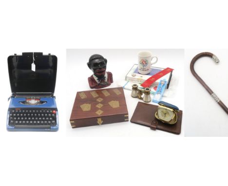 Mixed collectables, to include a cast iron figural money bank, mother of pearl opera glasses by J. Lizars of Aberdeen, a bras
