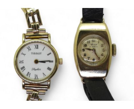 A 9ct gold Tissot Saphir ladies watch, weight (including movement) 12.0gms, together with 9ct gold ladies watch head marked A