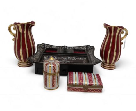 A mother of pearl inlaid desk stand together with a Limoges porcelain box with gilt wreath details on burgundy bands, a match