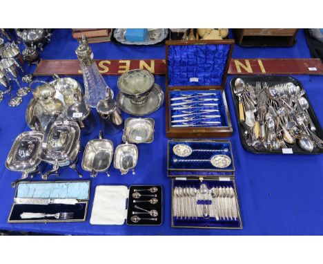 A collection of plate including a cased set of Mother of pearl fruit knives and forks, with stylised carved handles, an EPNS 